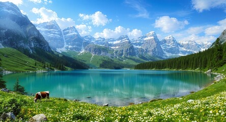 Stunning Alpine Lake, Mountain Scenery, Wildflowers, Cow Grazing, Nature Wallpaper