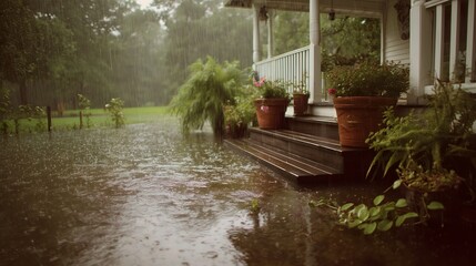 Heavy rainfall causing flooding in front yard of house with porch and potted plants, symbolizing climate change, extreme weather, and home flood damage