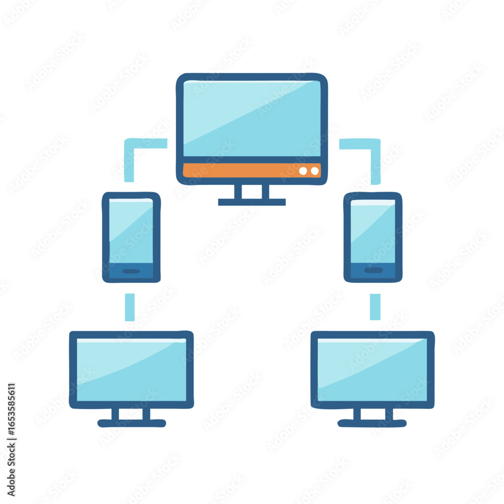 Poster vector art of a network diagram illustrates the connection between computers and smartphones, symbol