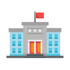Obraz premium Vector art of a modern flat illustration of a government building with a red flag on top, featuring blue windows and double red doors