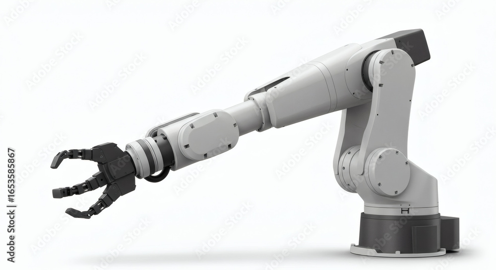Poster advanced industrial robotic arm manipulator isolated on white, symbolizing the future of automation 