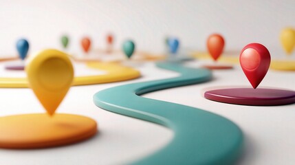 Abstract customer journey concept with colorful location markers on a winding path, symbolizing business progress, transformation, strategy, and digital growth.