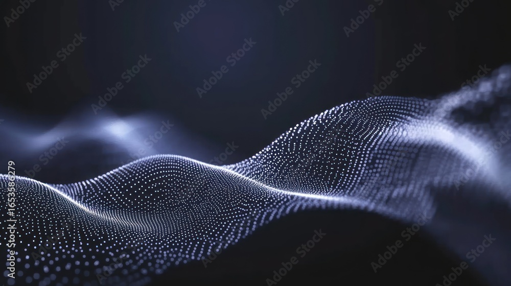 Poster abstract digital wave pattern of floating dots on dark background for technology and data visualizat