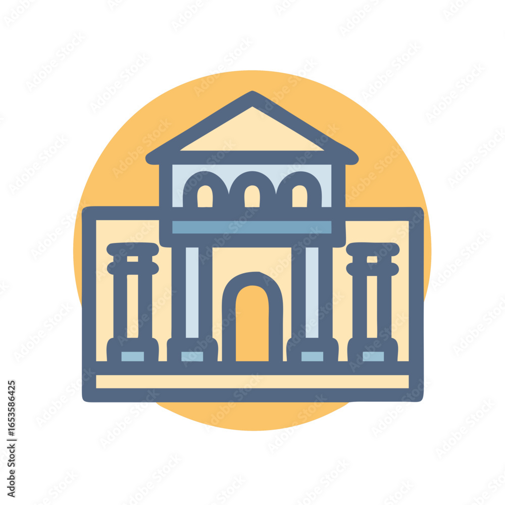 Poster vector art of a stylized illustration of a grand classical building with columns and arches, set aga