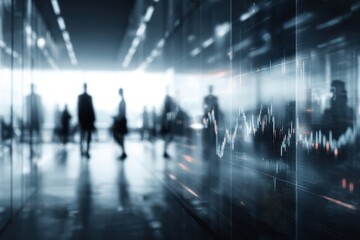Business People Walking with Financial Chart Overlay in Modern Corporate Environment