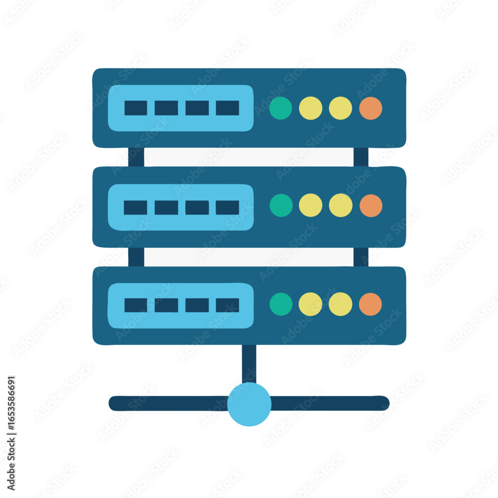 Poster vector art of a modern flat design illustration of a threetier server rack with indicator lights, sy