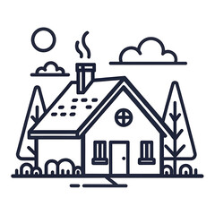 Naklejka premium Simple line art drawing of a cozy house with trees and sun