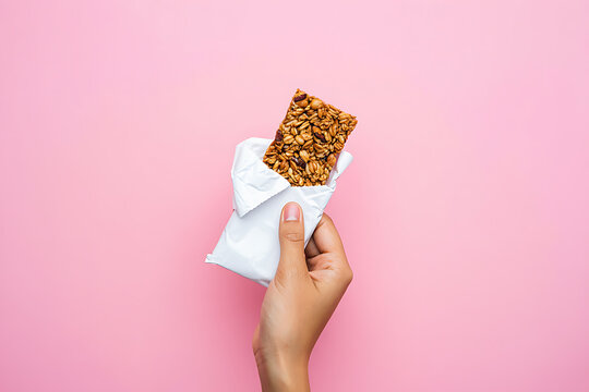 Enjoy healthy snack break with delicious granola bar in hand against vibrant pink background for energy boost