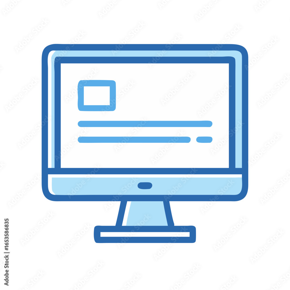 Poster vector art of a clean blue line art illustration of a computer monitor displaying a simple webpage l