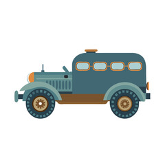 Fototapeta premium Vector art of a vintage blue automobile with brown accents and multiple windows, isolated on a white background