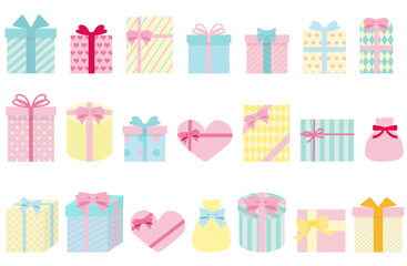 リボン付きのかわいいギフトボックスやプレゼントの詰め合わせセット。誕生日やクリスマス、バレンタインなどのお祝いシーンに使えるカラフルなベクターイラスト素材｜プレゼント,ギフト,リボン