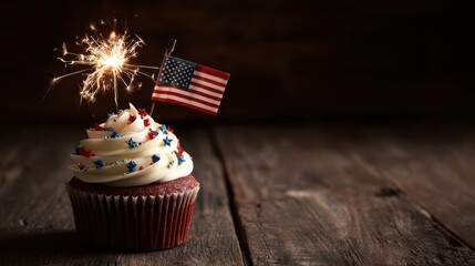 Patriotic Red Velvet Cupcake with Sparkler and American Flag on Wood