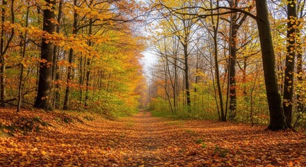 Obraz premium Golden autumn forest path covered in fallen leaves and sunlight