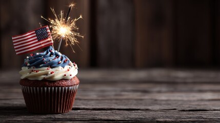 Festive Fourth of July Cupcake with Sparkler and American Flag Decoration