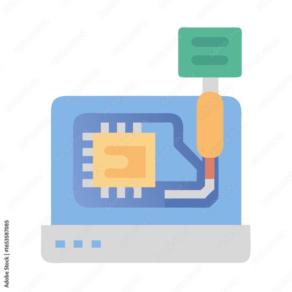 Poster vector art of a stylized illustration of a computer chip with connections and a green component, rep