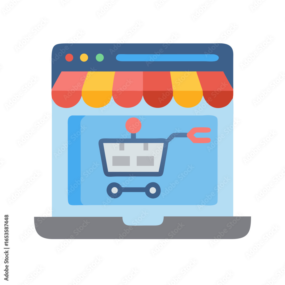 Poster vector art of a colorful flat design icon depicts an open laptop computer screen displaying a shoppi