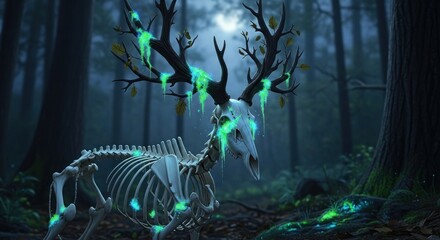 Eerie skeletal deer glowing amidst the deep forest at night fantasy art scene