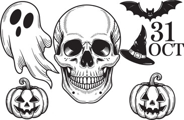Fototapeta premium Spooky Halloween Graphics Featuring a Skull, Ghost, Pumpkins, Bat, Witch Hat, and the Date 31 OCT, all in Black and White