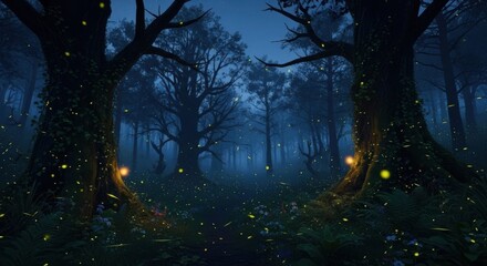 Fototapeta premium Enchanted forest path illuminated by mystical lanterns at twilight