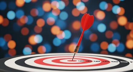 Fototapeta premium Dart in Bulls-Eye Target with Bokeh Lights Precision Aim and Accurate Success