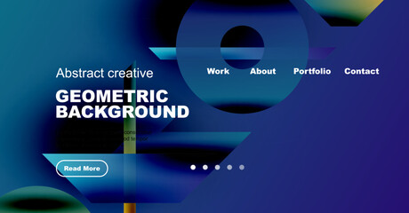 Abstract website header design. Blue, green hues dominate. Geometric shapes, text elements present. Navigation visible. Modern aesthetic.