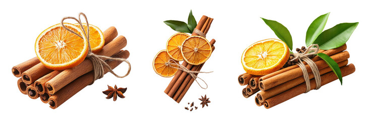 Aromatic cinnamon sticks and dried orange slices arrangement