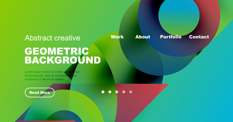 Bright website mockup features colorful overlapping shapes, text elements, navigation menu. Modern design promotes creativity, information access.