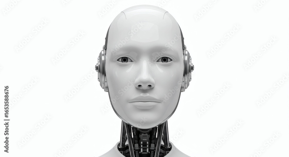 Poster portrait of a futuristic female humanoid robot with a neutral expression. artificial intelligence an