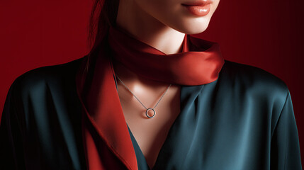 A high-angle, overhead shot of a traditional Qipao-style silk scarf laid flat, with modern, minimalist jewelry (e.g., a simple ring and bracelet) placed on top. 