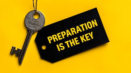 Motivational concept image with key and black tag on yellow background showing the text preparation is the key, symbolizing success, planning, and achievement