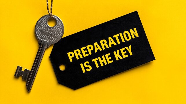 Motivational concept image with key and black tag on yellow background showing the text preparation is the key, symbolizing success, planning, and achievement