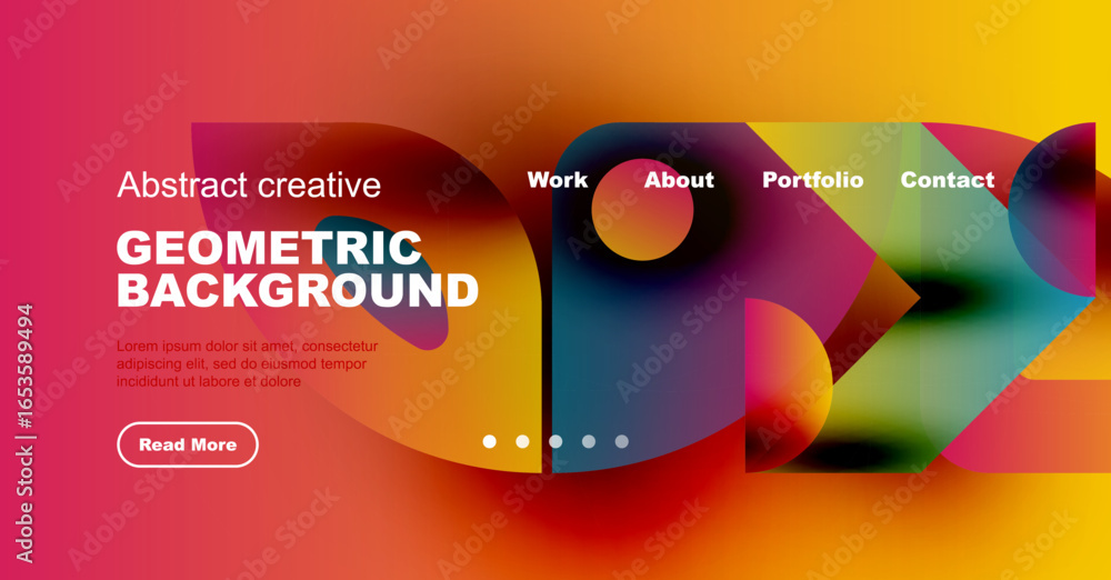 Poster colorful abstract design. overlapping shapes create dynamic visual effect. text promotes geometric b