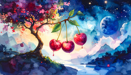 Watercolor Painting of a Cherry Tree with Red Fruits in front of a Night Sky and Mountain Landscape