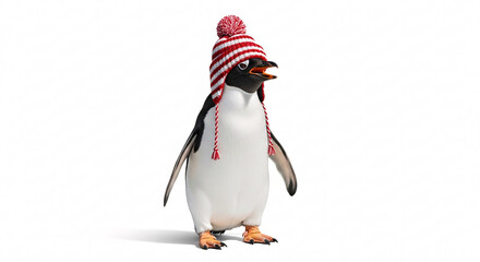 Obraz premium Penguin wearing a striped winter hat with a pom pom standing on a plain white background looking right on transparent background