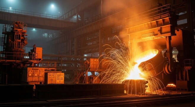Molten Metal Pouring and Sparks in a Steel Mill Production Facility - Powered by Adobe