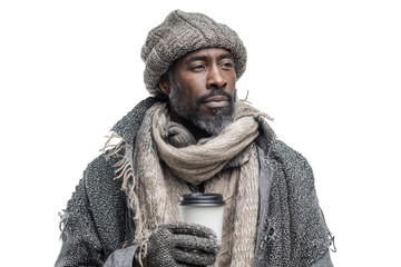 A man dressed in layers of warm clothing stands holding a coffee cup. His cozy hat and scarf provide warmth, suggesting a chilly outdoor environment