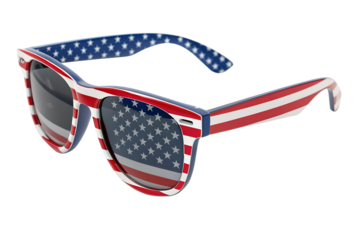 Sunglasses featuring the American flag design with stars on the left lens and stripes on the right lens.
