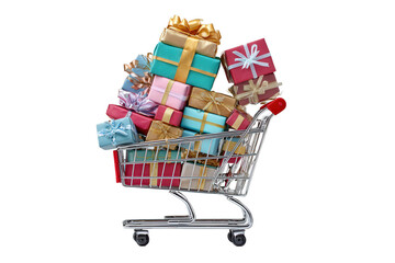 A shopping cart filled with beautifully wrapped gifts showcases a variety of colors and ribbon styles, indicating a special occasion for celebration or giving