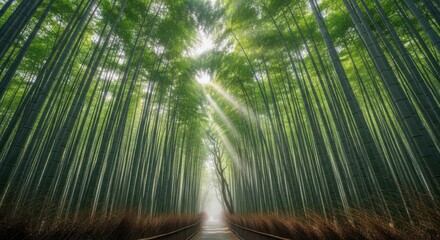 Fototapeta premium Sunlight Piercing Through Towering Green Bamboo Forest Path in Arashiyama, Japan