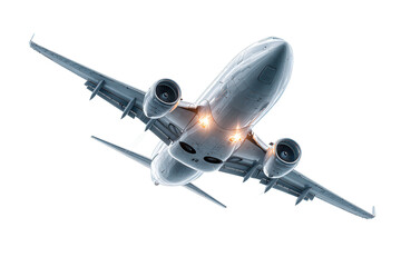 A jet aircraft ascends into the sky, viewed from below, showcasing its sleek design and powerful engines. The landing gear is retracted, emphasizing flight