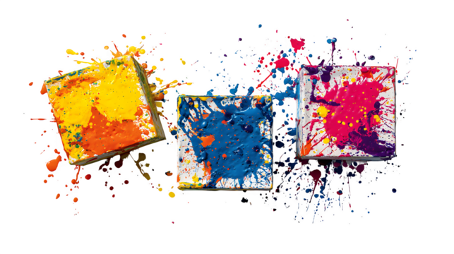 Colorful paint splattered cubes, isolated on transparent background