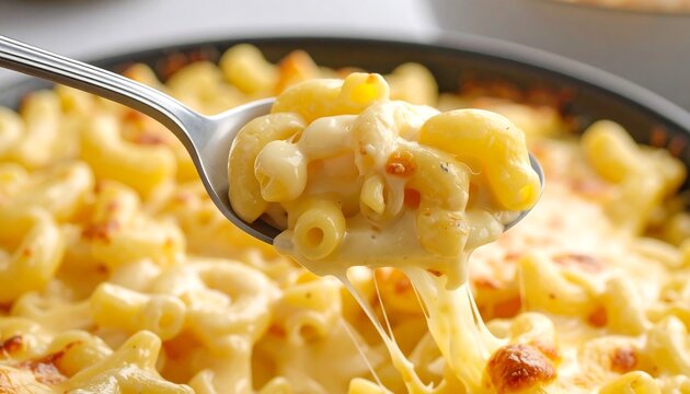 Cheesy macaroni and cheese on a spoon