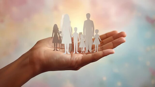 Caring hand gently holds cut-out family, showcasing unity, protection, and nurturing bonds while creating a loving connection