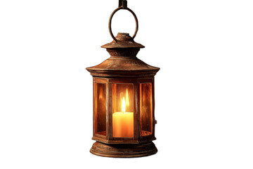 A vintage lantern hangs gracefully, casting warm light from a flickering candle inside. The inviting glow enhances the tranquility of the surroundings during a calming evening
