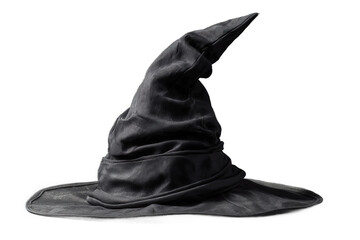 A black wizard hat featuring a tall, pointed top and wide brim stands isolated with no background. Ideal for fantasy gatherings, costume celebrations, or themed parties
