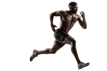 A fit individual showcases powerful running form, muscles engaged and showcasing athleticism, on a transparent background, emphasizing movement and speed