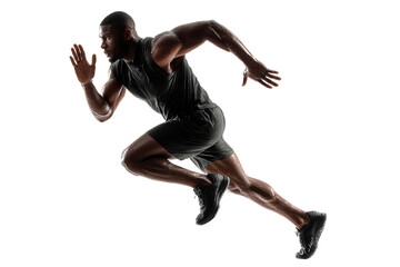 A focused athlete sprints at full speed, showcasing powerful muscles and determination. This dynamic movement captures the essence of intense fitness training