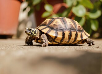 Obraz premium A small tortoise with a patterned shell walking on a paved surface near potted plants.