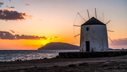 Windmill at sunset over the sea