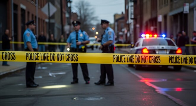 Police officers standing behind crime scene tape, investigating an incident on city street. - Powered by Adobe